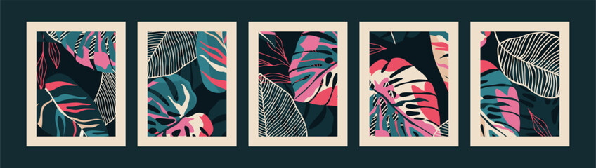 Monstera leaves posters. Retro abstract backgrounds. Pink and beige colors