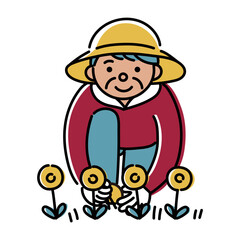 花壇の手入れをする高齢女性のイラスト