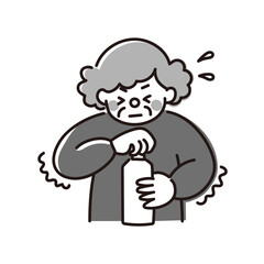 ペットボトルの蓋を開けられない高齢女性のモノクロイラスト