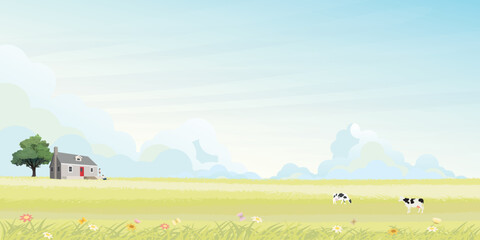 Country house with man and woman in grass field have blue sky background. Countryside life concept vector illustration.