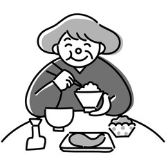 笑顔で食事をする高齢女性のモノクロイラスト