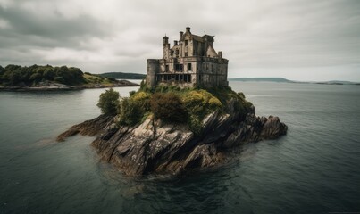 Fototapeta na wymiar A forgotten old castle loomed over the deserted island Creating using generative AI tools