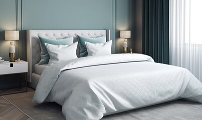Cozy white sofa with white bed linen and pillows. Creating using generative AI tools