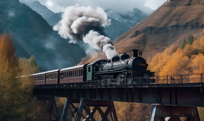Vintage steam locomotive chugs across the bridge, nearing the mountain Creating using generative AI tools