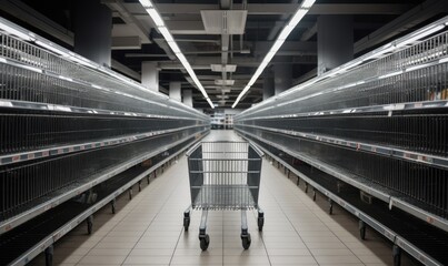 Wide supermarket aisle with an empty shopping cart. Creating using generative AI tools