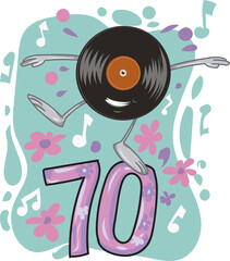70s retro cartoon character with a body of a vinyl disc. vector illustration