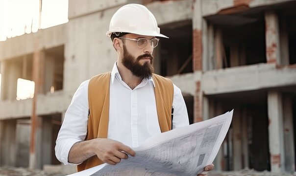 A builder with a hard hat smiling while holding a blueprint. Creating using generative AI tools