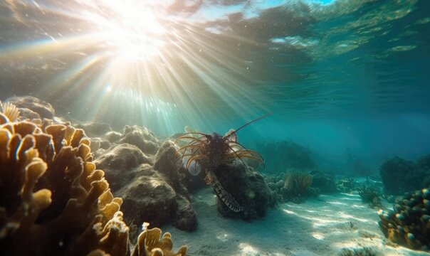 Vibrant and detailed close-up image of a lobster in the depths of the ocean Creating using generative AI tools