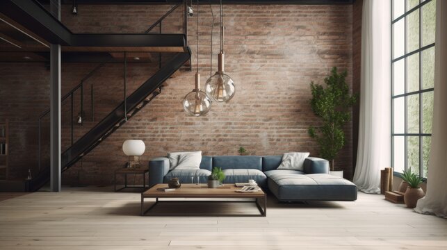 Loft Interior Design Background. Stylish Home. Generative AI.