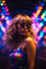 A fashion portrait of a beautiful young woman wearing bright clothes with neon florescent neon lighting. Party girl. Generative AI.