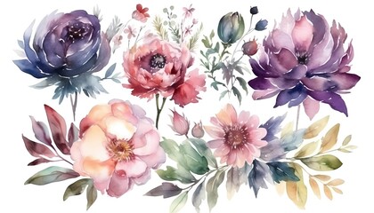 Watercolor floral bouquets, for invitation cards, wedding invitations, fashion backgrounds, DIY textures, greeting cards, wallpaper designs, wedding stationary sets, DIY wrappers