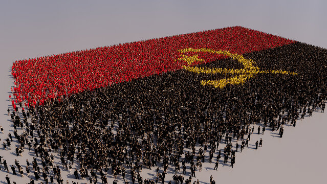Angolan Flag formed from a Crowd of People. Banner of Angola on White.