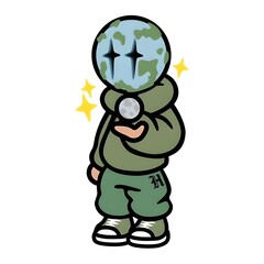 Illustration of earthhead in sweatshirt holding moon in hand