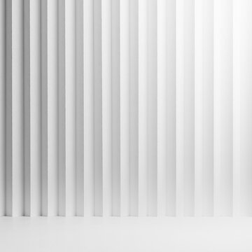White abstract background of vertical striped rippled gradient light pattern, perspective, floor, stage mockup for presentation cosmetic products, goods, advertising, design, modern purity calm style.