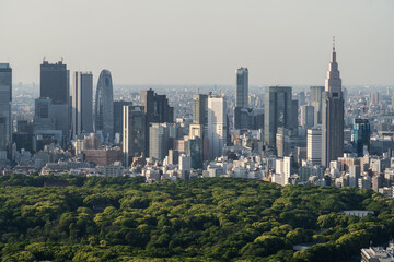Fototapeta na wymiar Tokyo, Japan: Aerial view of Shinjuku skyline rising above the Yoyogi park in Tokyo in Japan capital city.