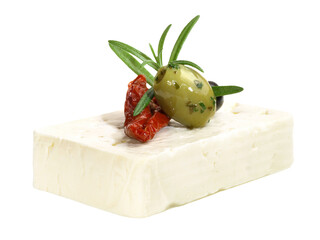 Whole Feta Cheese with Olive and Vegetables  - Transparent PNG Background