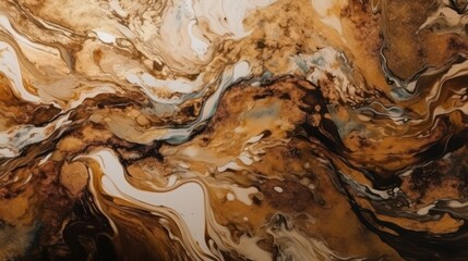 Abstrakter , dekorativer Hintergrund, beige-braun-goldene Alkoholtintenfarbe, reich verziert mit Goldfolie und Goldstaub, Generative AI