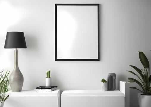 Blank picture frame mockup on white wall. Modern living room design.