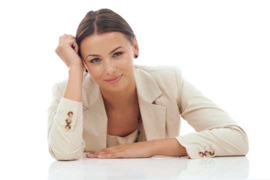 Portrait, smile and relax business woman, HR manager or interview hiring agent for career, job or professional work. Human resources, corporate face and person isolated on transparent, png background