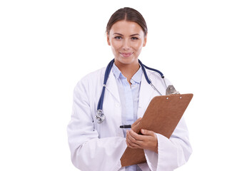 Woman, doctor and clipboard, health insurance paperwork and medical info with portrait on png...