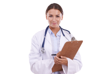 Woman, doctor and clipboard, health insurance paperwork and medical info with portrait on png transparent background. Female person in medicine, writing and document for healthcare and test results