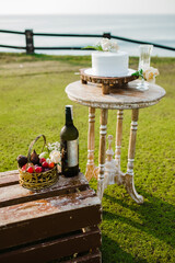 Buffet table with a wedding cake, a bottle of wine and fruits on a green meadow.