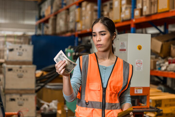 Warehouse factory engineer woman worker receive low cut salary decrease serious boring feel bad...
