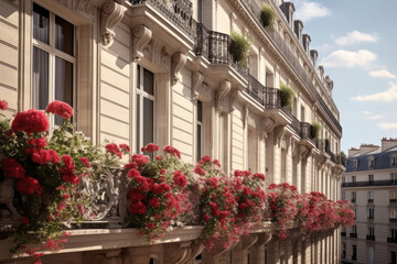 Fototapeta na wymiar Vue d'une rue depuis un immeuble parisien, de type Haussmannien avec un balcon fleuris de géraniums rouges