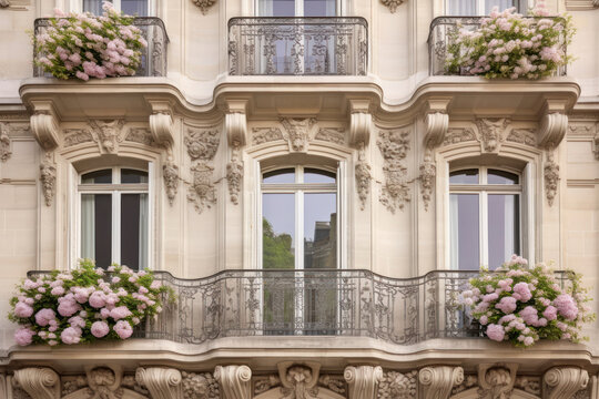 Fa&ccedil;ade d'un immeuble parisien, de type Haussmannien avec des balcons fleuris de g&eacute;raniums et des buis