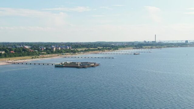 Wide aerial view of Ribersborgsstranden and the open-air bath in Malm&ouml;, Sweden. 
