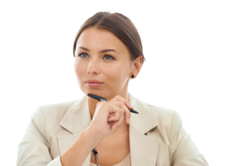 Business woman, thinking with ideas and review, inspiration for writing isolated on transparent png background. Mindset, future and brainstorming with female professional planning and vision