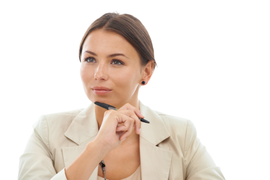 Business woman, thinking with ideas and review, inspiration for writing isolated on transparent png background. Mindset, future and brainstorming with female professional planning and vision
