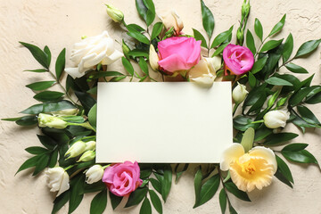 Beautiful flowers and green leaves as floral frame and paper card on light background MADE OF AI
