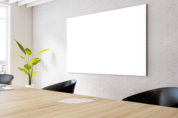 Perspective view of white blank board in modern office meeting room interior with large wooden...