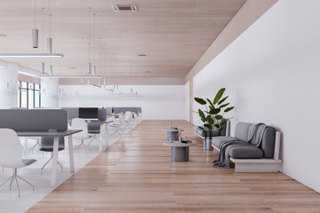 Luxury concrete and wooden coworking office room interior with partitions, equipment, furniture, window with city view and daylight. 3D Rendering.
