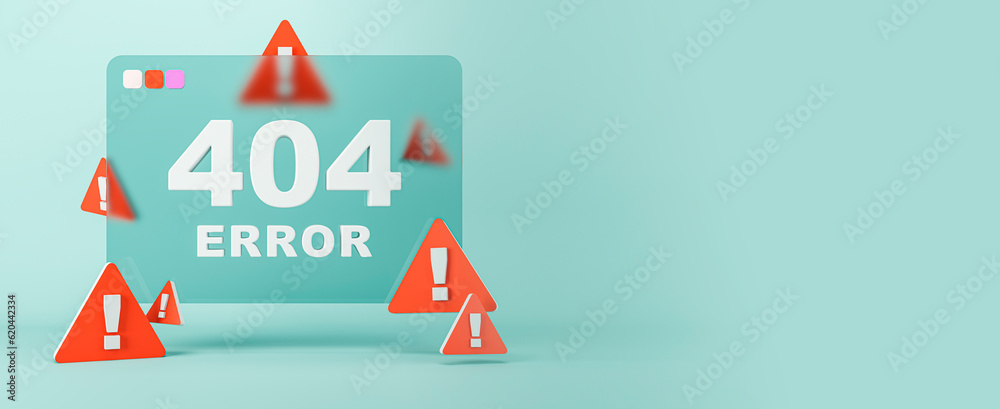 Aufkleber Abstract 404 error with caution marks on wide blue background with mock up place. Page not found mistake and support concept. 3D Rendering.