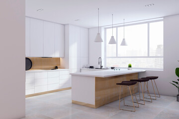 Perspective view of spacious empty modern kitchen interior with ceramic tiles floor and white walls. 3D Rendering