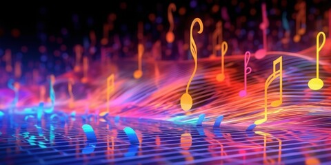 Naklejka premium Visualization of sound waves. Abstract futuristic background with colorful glowing neon moving high speed wave lines and bokeh lights. Data transfer concept. Fantastic wallpaper. Generative AI