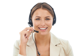 Callcenter, portrait and woman with smile, CRM and communication with telecom on transparent png background. Help desk, phone call and contact us, customer service female agent with headset and mic