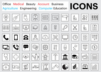 icons set. office, medical, accounting, business, computer, education, sports, agriculture, engineering, beauty all icons set.