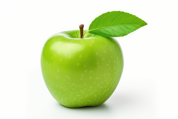 Fresh green apple with green leaf on white background. (ai generated)
