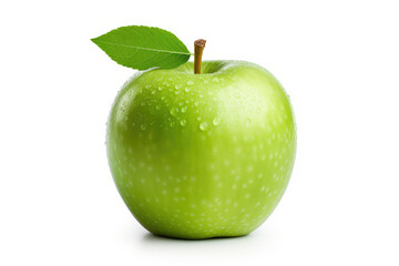 Fresh green apple with green leaf on white background. (ai generated)