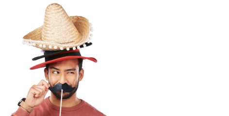 Fashion, hats and funny with portrait of man on png for choice, crazy and disguise. Mustache, costume and comic with face of person isolated on transparent background for joke, style and accessory
