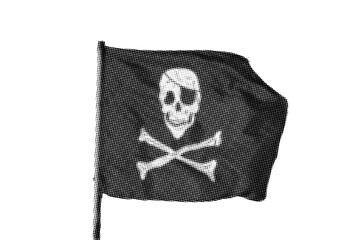 Half-tone black and white illustration of a pirate flag. Skulls, art, crossed bones, media illustration, vintage, retro.