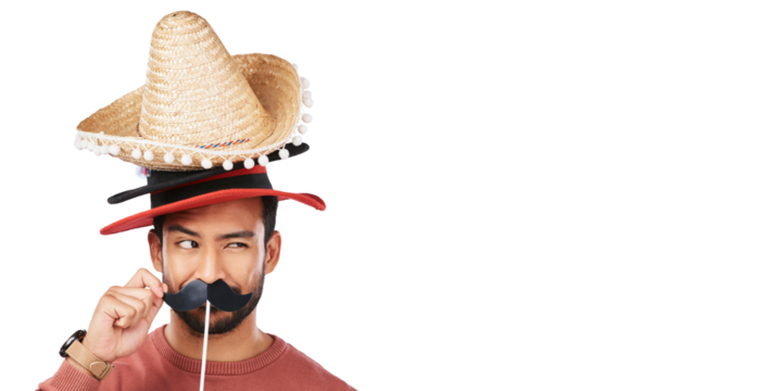 Fashion, hats and funny with portrait of man on png for choice, crazy and disguise. Mustache, costume and comic with face of person isolated on transparent background for joke, style and accessory