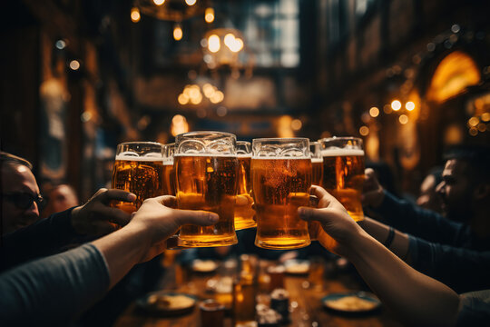 A group of people friends hold beer glasses while sharing a mug at bar or pub, oktoberfest, cheers, AI Generative..