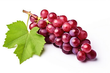 Fototapeta premium Red grape with leaves isolated on white background. (ai generated)