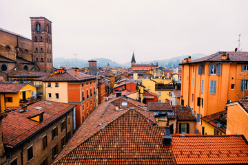Top view from the drone of Via Indipendenza in the city of Bologna at sunset. Best city in Italy Europe in 2022. Wonderful romantic panorama of old city. University, art, cuisine. Traveling concept  © fabrizio maffei