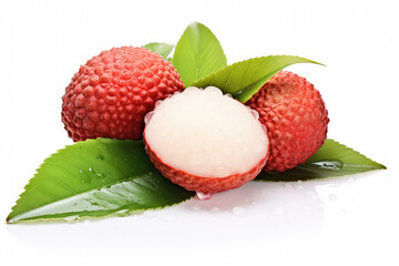 Juicy Lychee with cut in half and leaves isolated on white background. (ai generated)