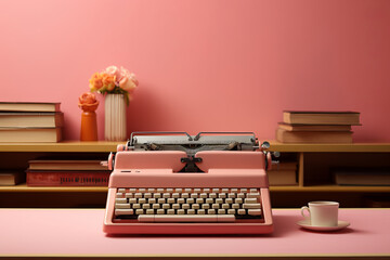 Pink typewriter in old fashioned interior. Creativity and storytelling concept.